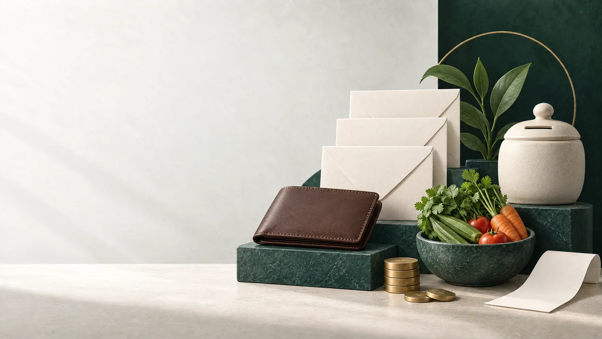A wallet, envelopes, groceries and savings jar represent a monthly household budget.