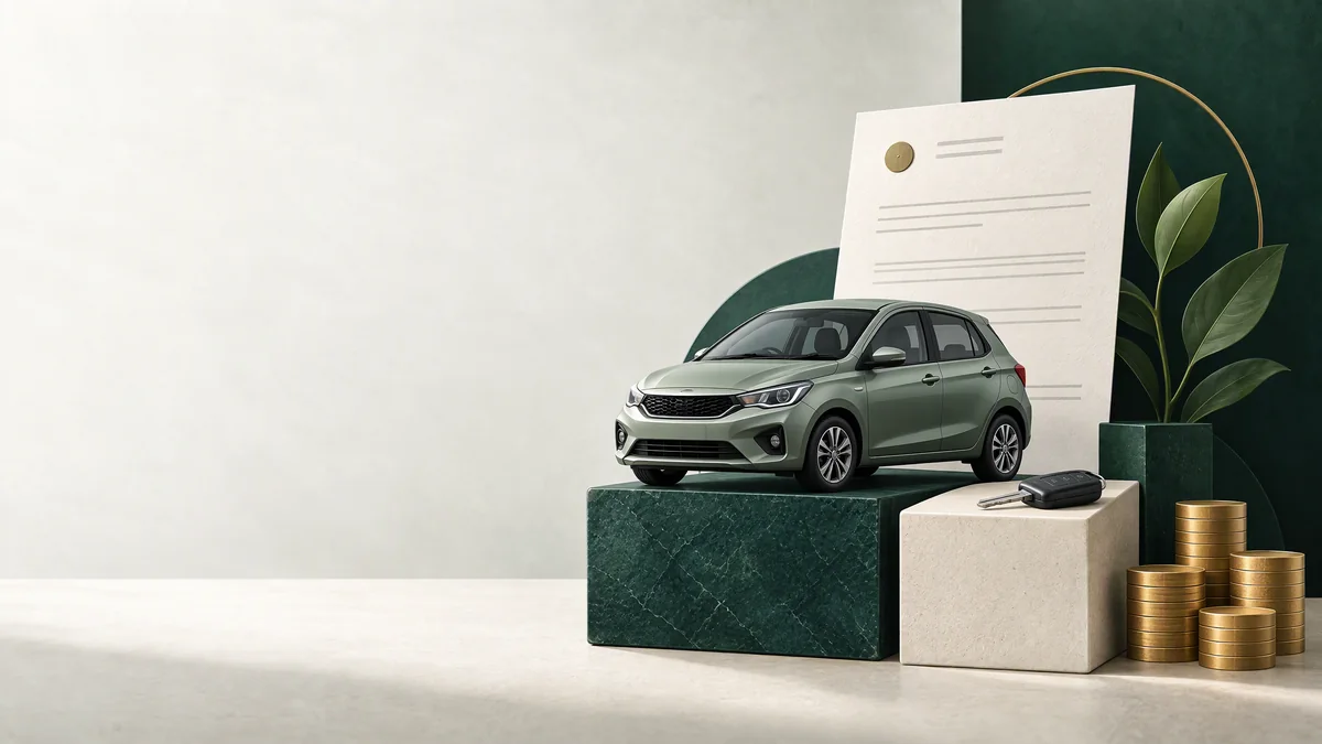 A compact car model, key and coin stack illustrate a planned car loan.