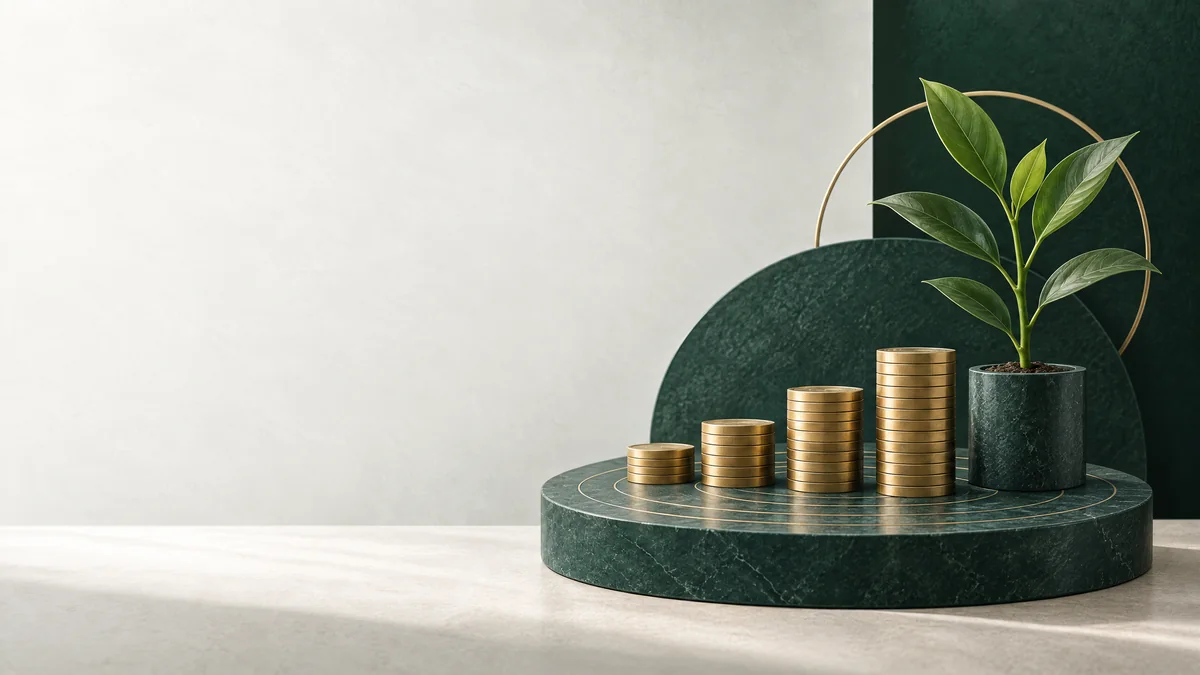 A growing plant beside progressively taller coin stacks illustrates compounding.