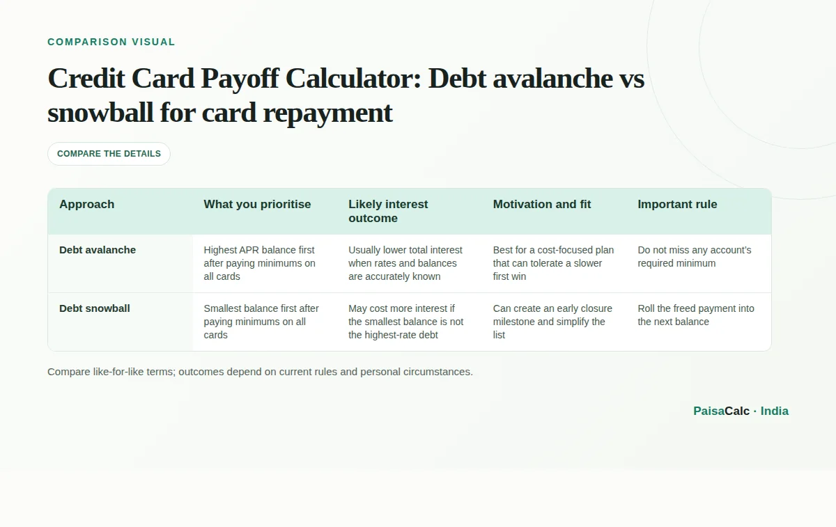 Comparison of Debt avalanche vs snowball for card repayment.