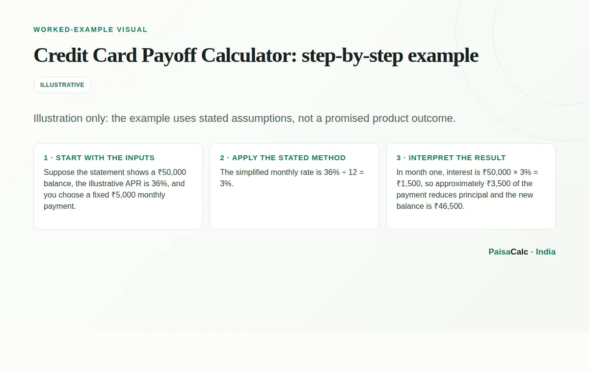 Worked Credit Card Payoff Calculator calculation using the stated example assumptions.