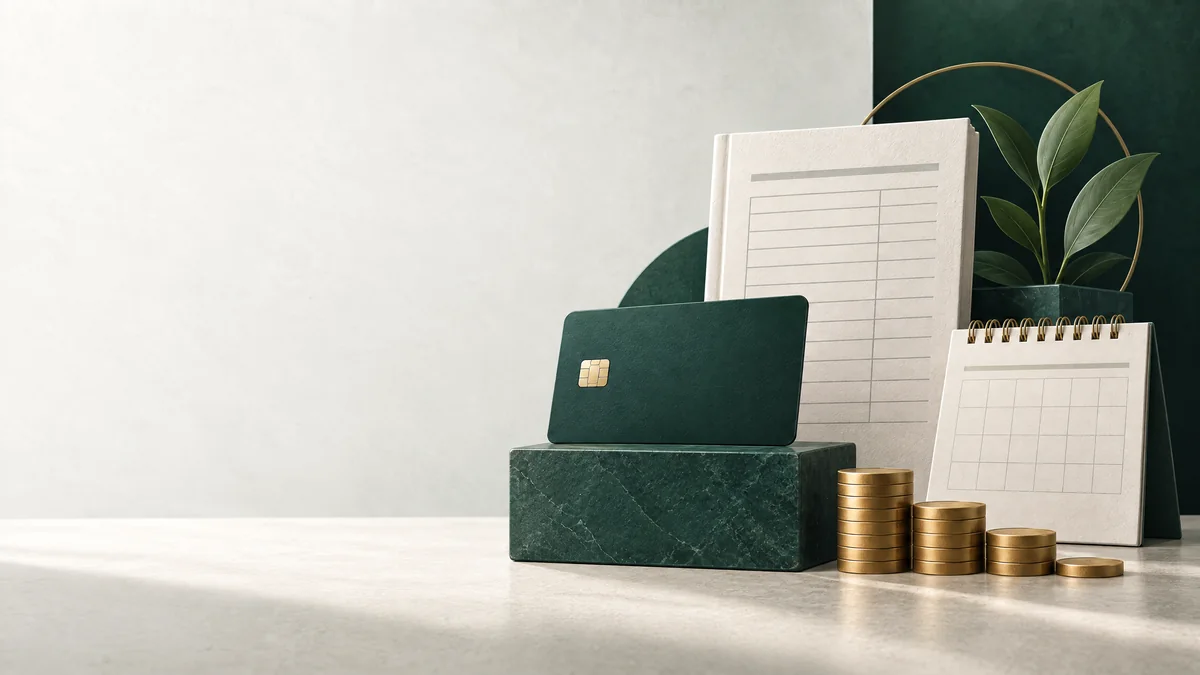 An unbranded payment card and descending coin stacks illustrate a payoff plan.