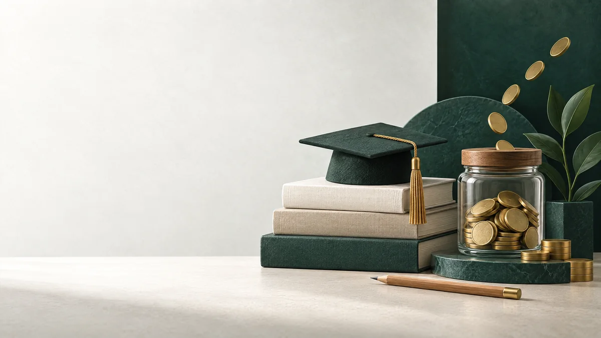 Books, a graduation cap and savings jar illustrate planning for an education goal.