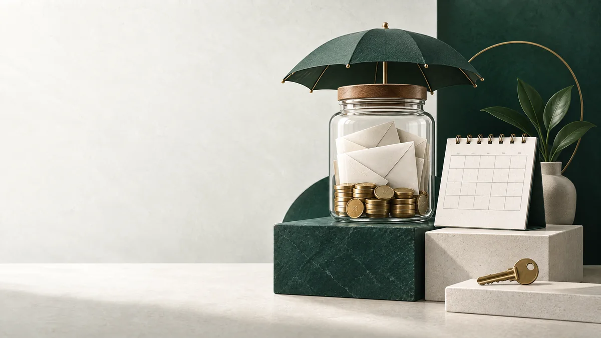 A reserve savings jar sits beneath an umbrella beside a blank calendar.