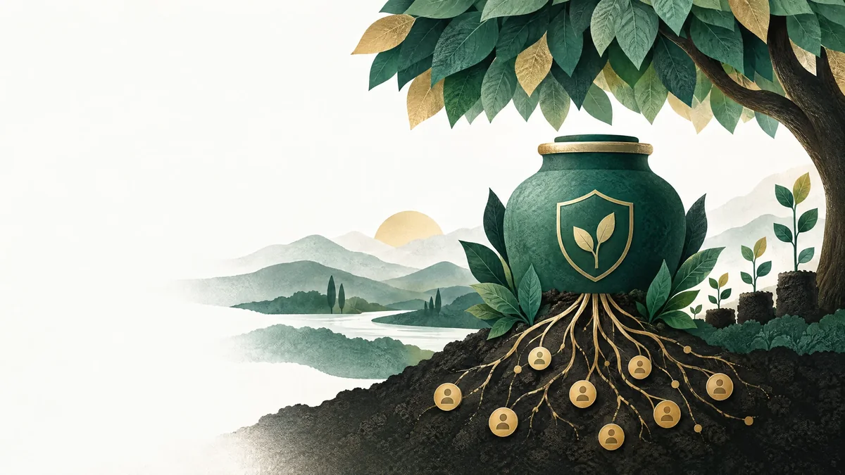 A protected provident-fund vessel beneath a leafy canopy representing long-term EPF savings.