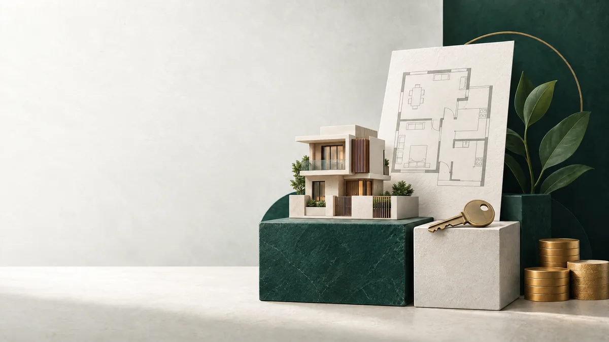 A model home, key and coins illustrate the inputs behind a home-loan eligibility estimate.