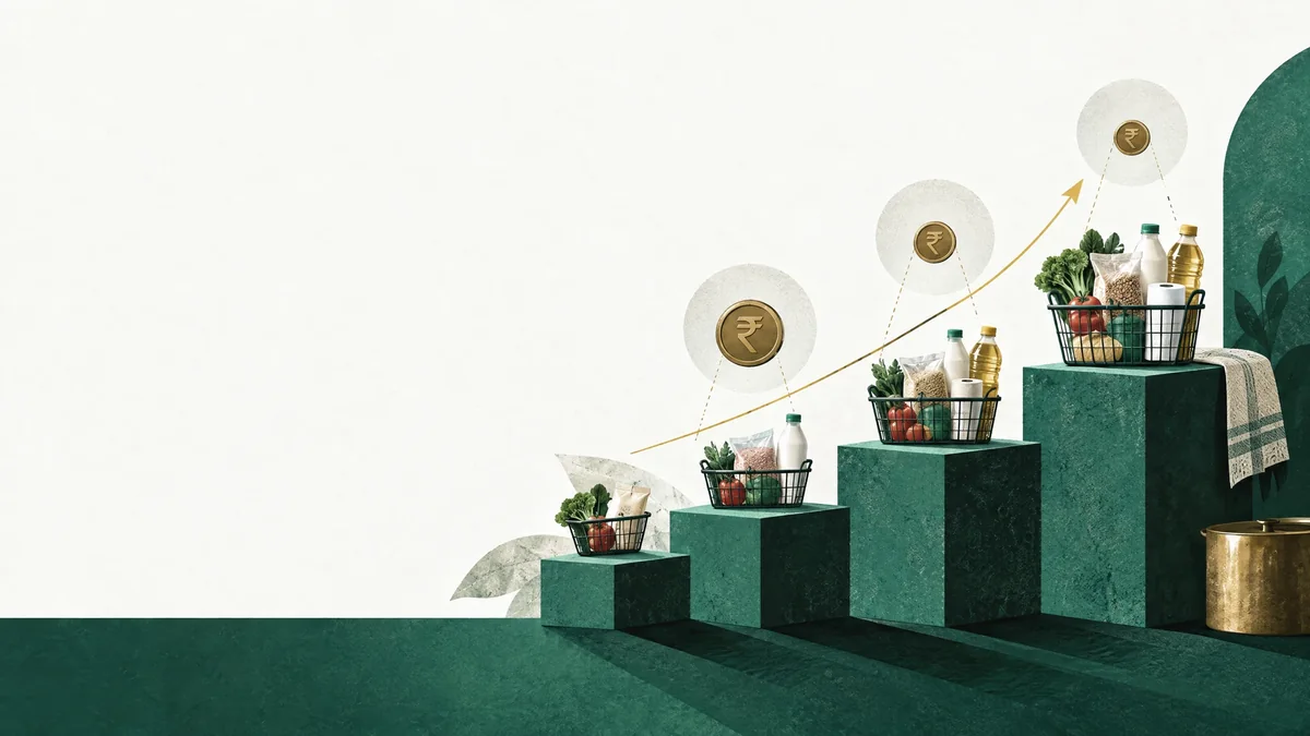 Household groceries beside rising steps that illustrate changes in purchasing power.