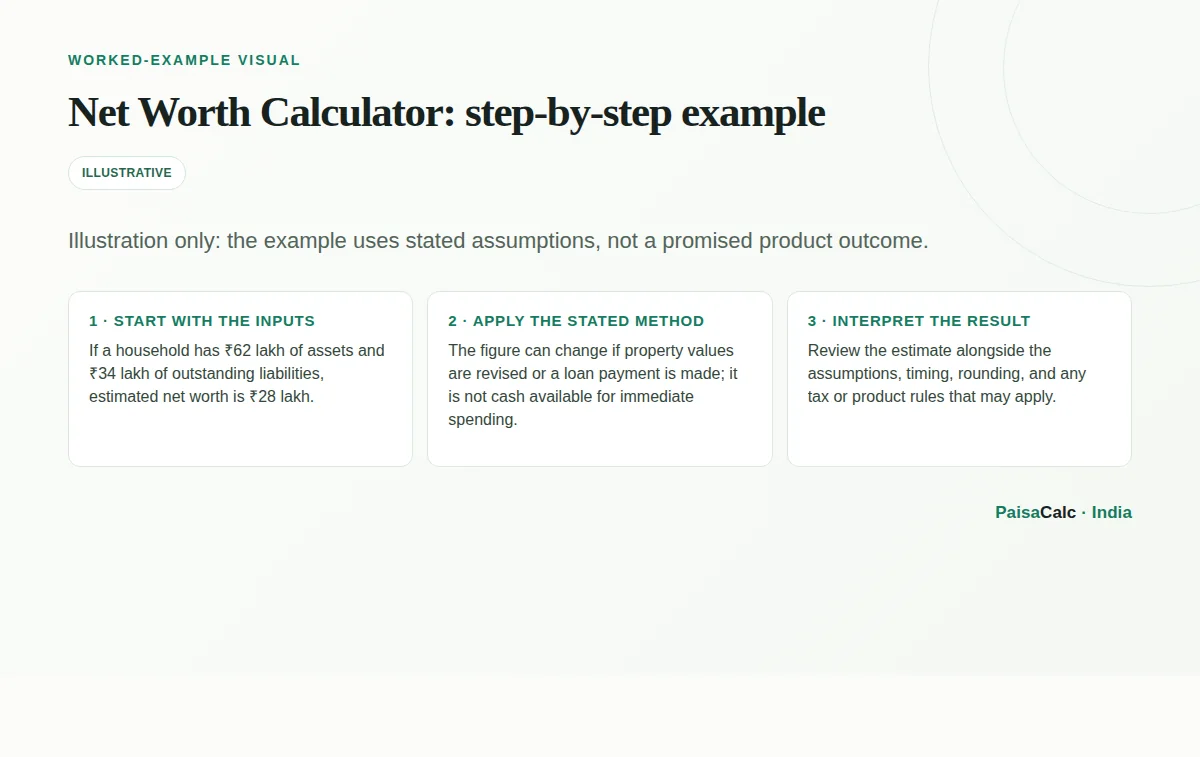 Worked Net Worth Calculator calculation using the stated example assumptions.