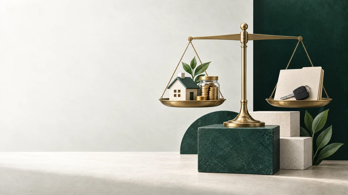 A balanced scale with a house, savings jar and loan folder illustrates assets and liabilities.