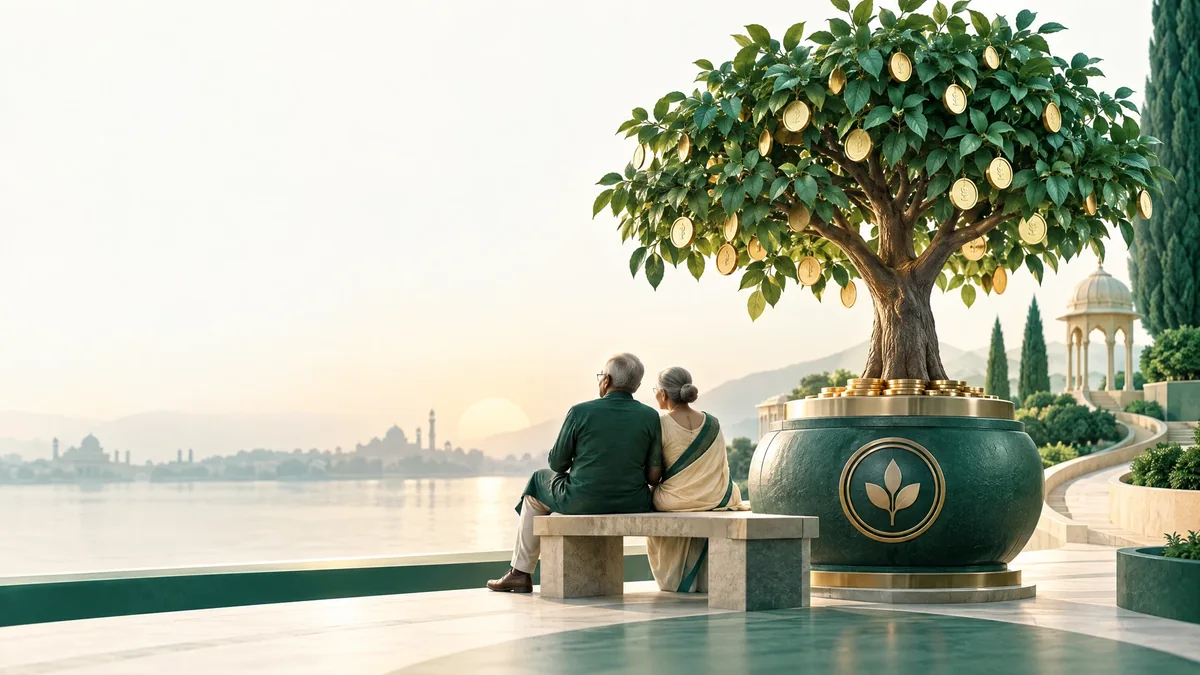 A growing savings tree and secure fund representing long-term pension planning.