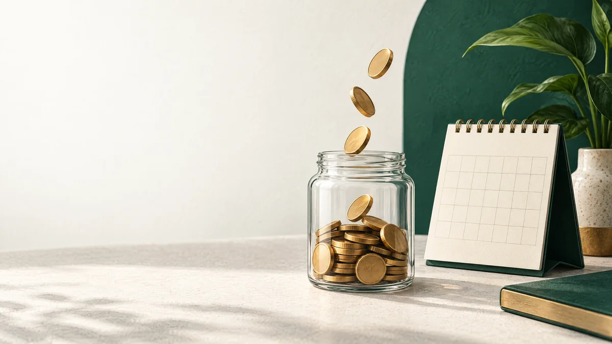 Coins entering a savings jar beside a calendar to represent recurring deposits.