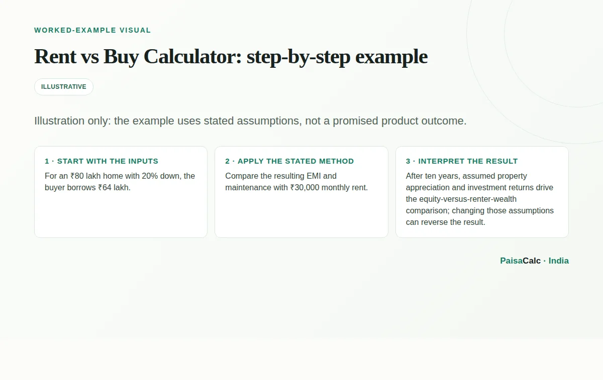 Worked Rent vs Buy Calculator calculation using the stated example assumptions.