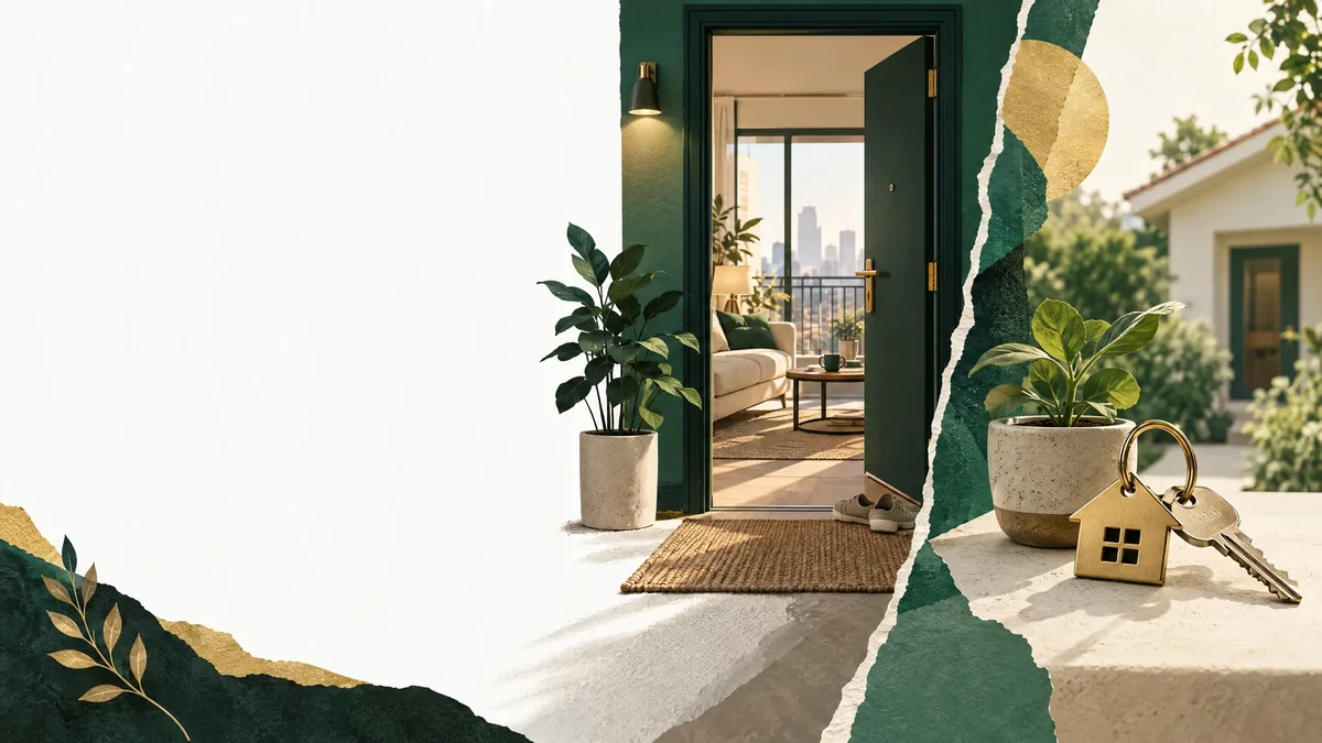 A balanced scene comparing a rented apartment doorway with an owned-home key.
