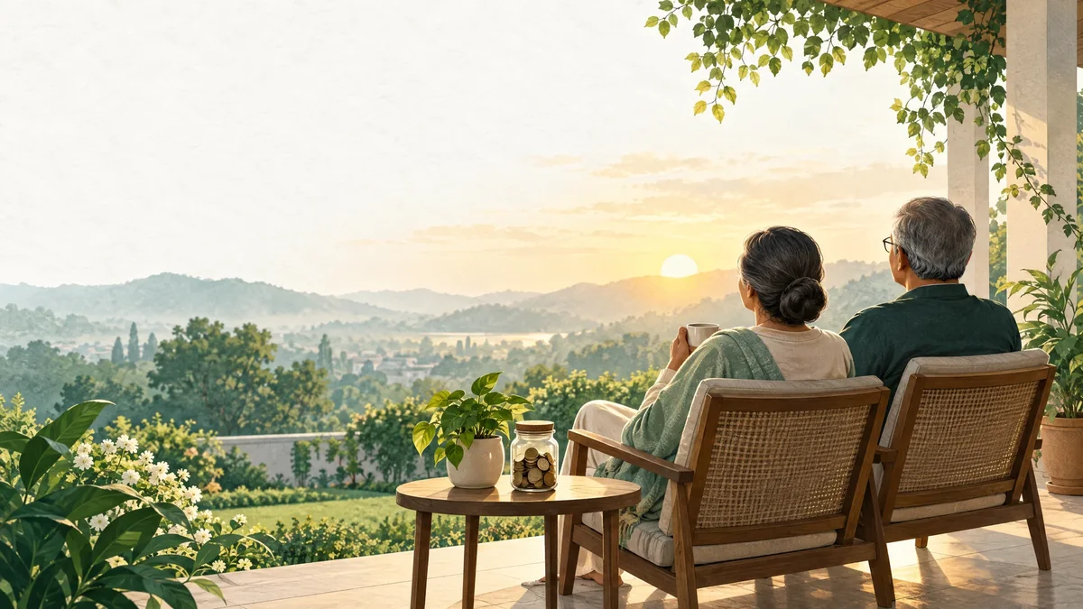 A mature Indian couple relaxing in a garden veranda as a retirement-planning scene.