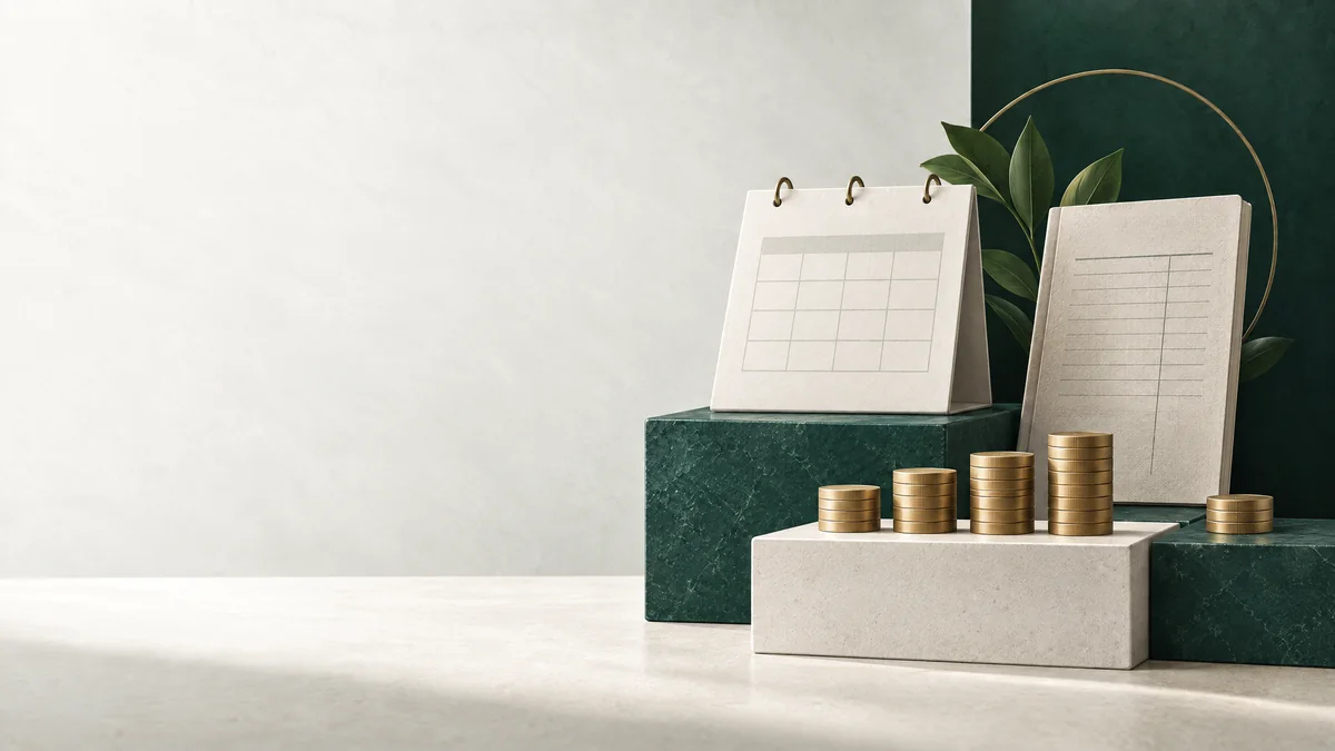 Brass coin stacks, a blank calendar and ledger depict simple interest over time.